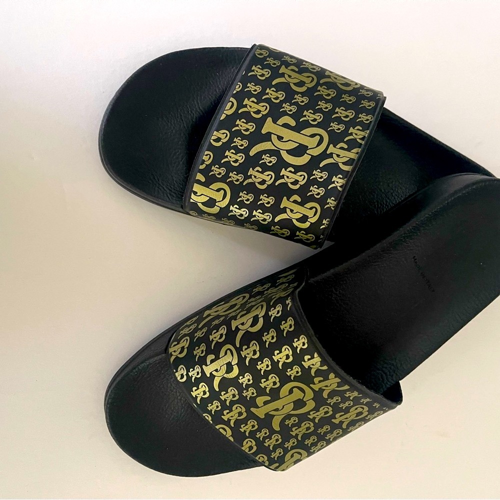 Stefano Ricci Black and Gold Patterned Slide Sandals - Picture 2 of 6